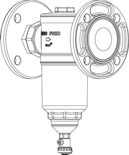 Zyklonseparator von IMI Hydronic Engineering mit Flanschen zur einfachen Installation. Das Gerät ist vertikal montiert und hat einen unteren Abfluss.